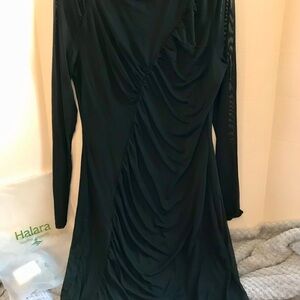 HALARA black long sleeve bodycon dress with a ruched mesh overlay